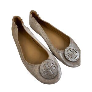 Tory Burch Metallic Leather Ballet Flats Size 9M Slip-On Logo GUC